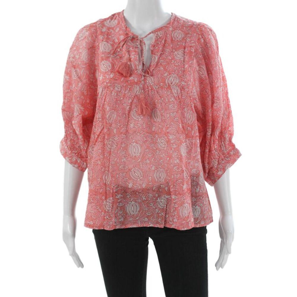 Marea Women Pink Floral V-Neck Tunic Blouse 100% Cotton 3/4 Sleeve Size S